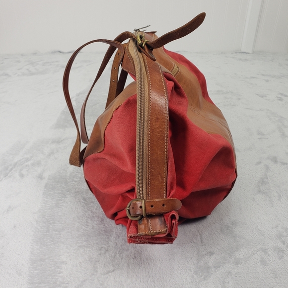 IL Bisonte Candy Leather / Canvas Large Tote Shoulder Bag Red Tan Brown Purse - Picture 5 of 16